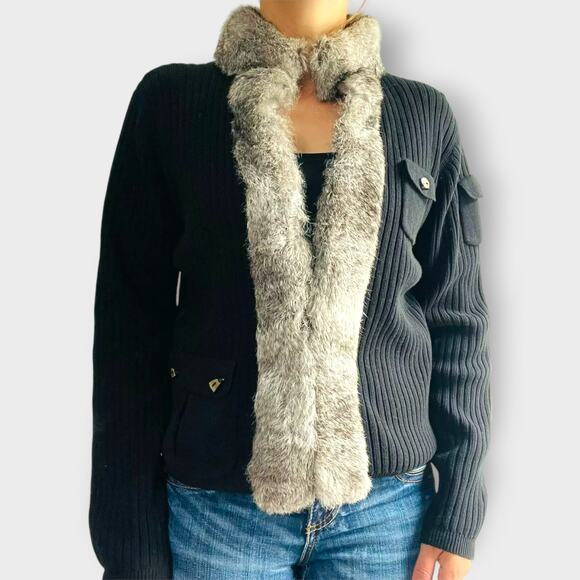 Jamie Sadock Cardigan Sweater Fur Trim Rubbed Black Long Sleeve Size Small Comfy - Picture 9 of 9